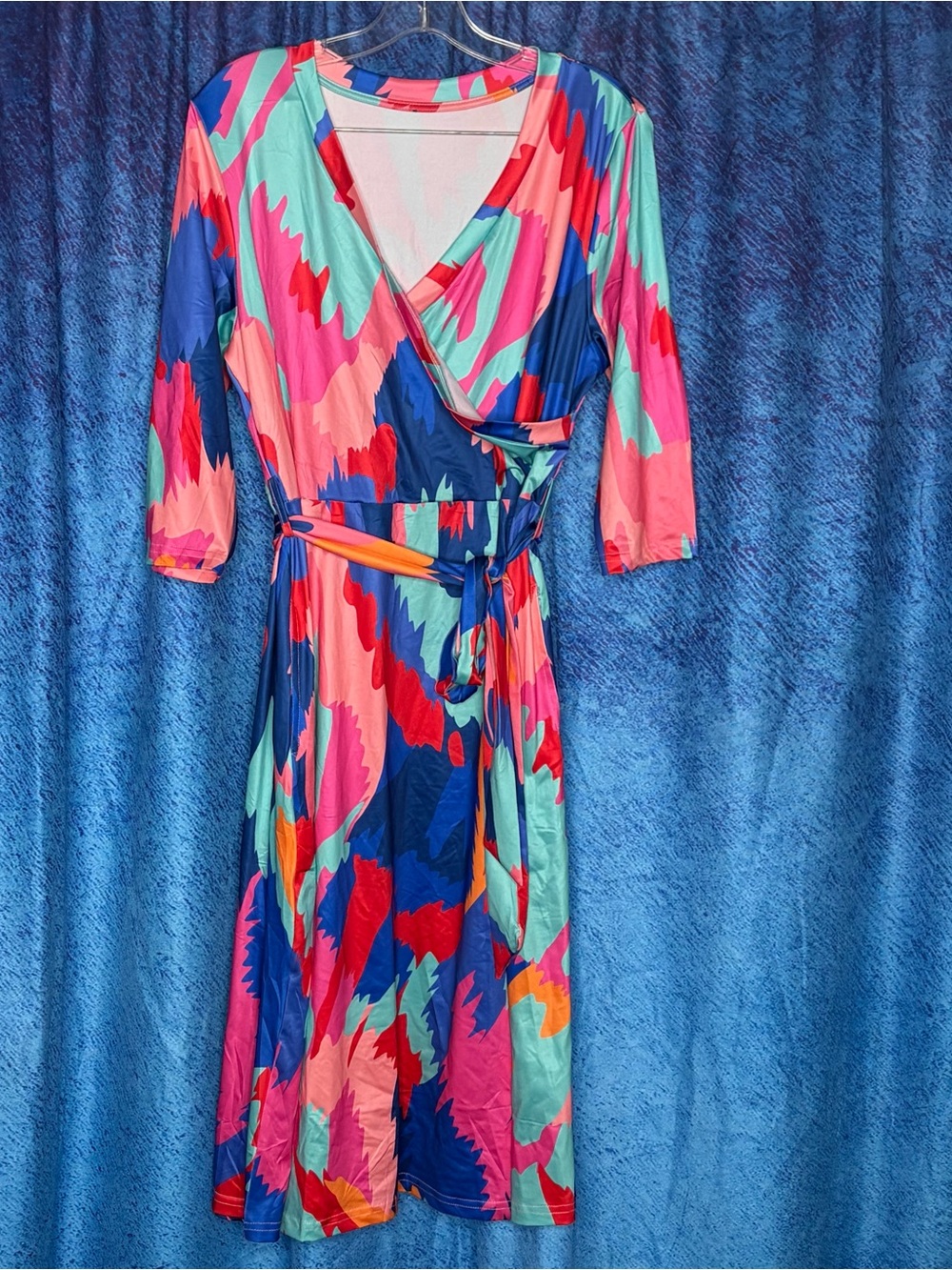 Abstract Wrap Midi Dress in Pink & Blue